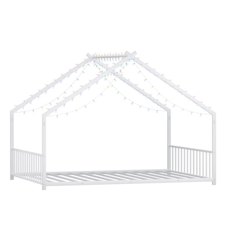 Full Size Kids LED Roof Bed Frame with Light Strips, Sturdy Iron Construction, White