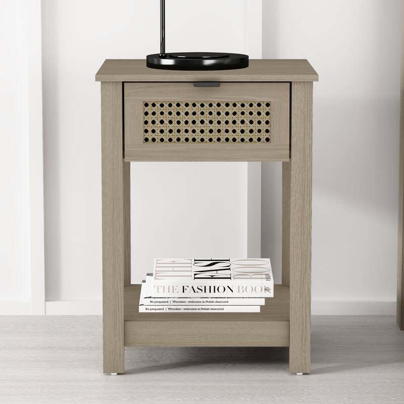 Idiana 1-Drawer Oak Nightstand Sidetable with Laminated Rattan (23.2 in. H x 16.5 in. W x 15.4 in. D) - Oslo Oak