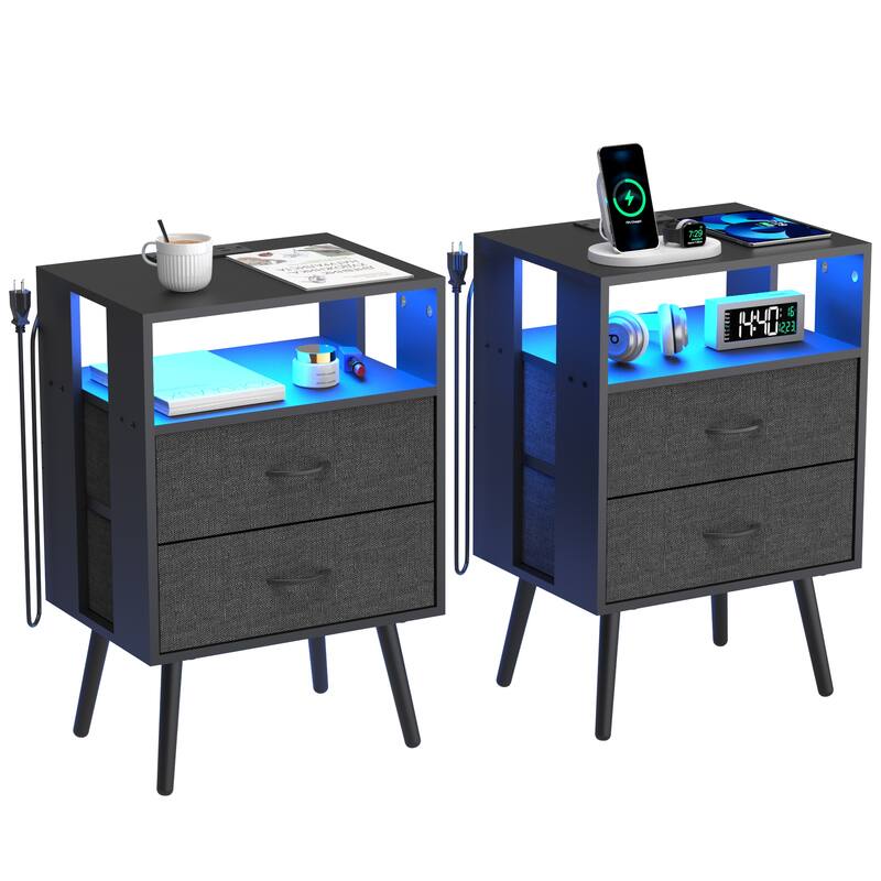 2 Pack Modern Nightstand with Charging Station, Bedside Tables with LED Light and Fabric Drawers