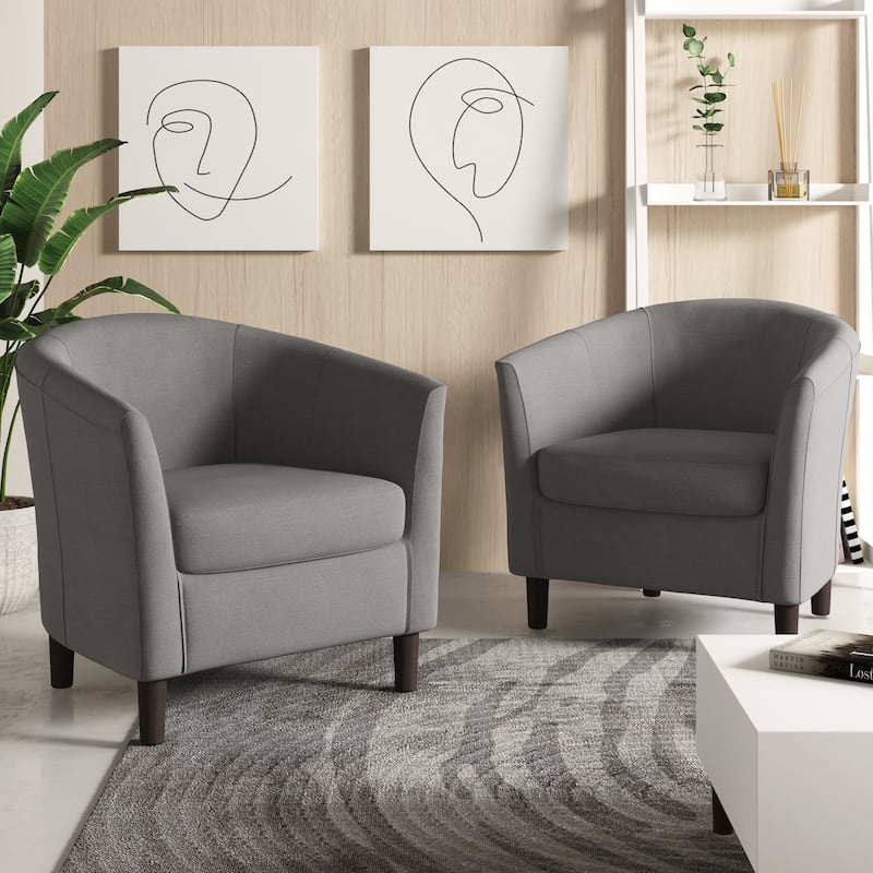 2 Set Modern Linen Barrel Accent Chairs Club Armchair - Khaki