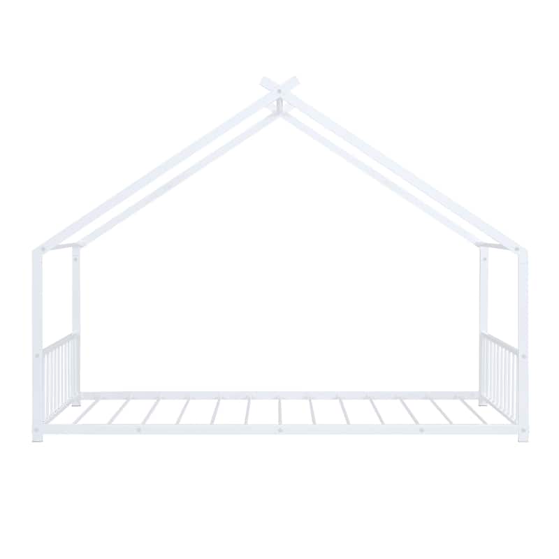 Metal House Bed with Roof, Fence, and Back