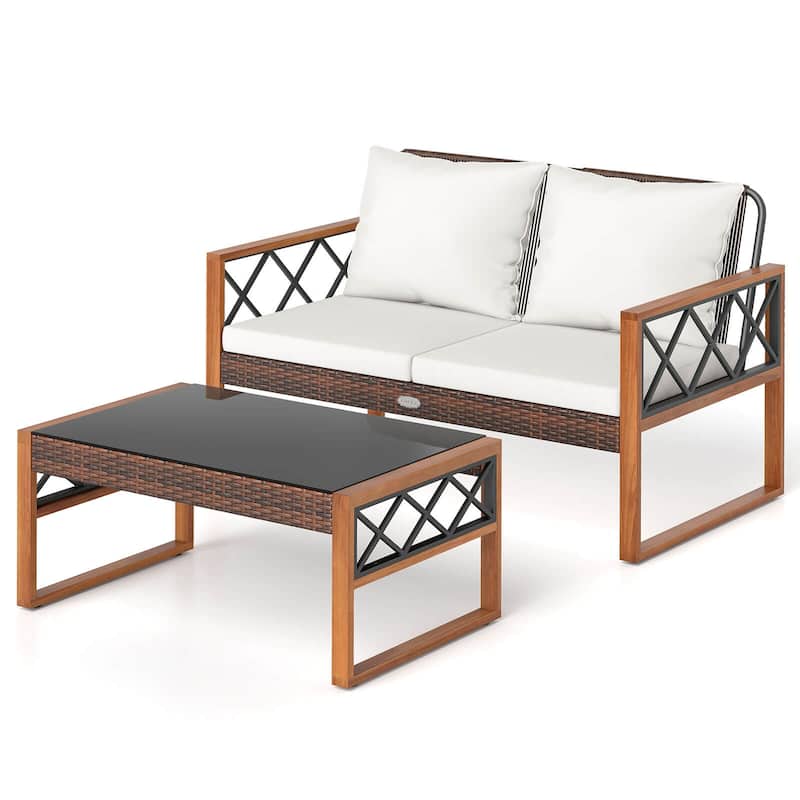 Costway 2 Pieces Patio PE Wicker Furniture Set Outdoor Acacia Wood - See Details