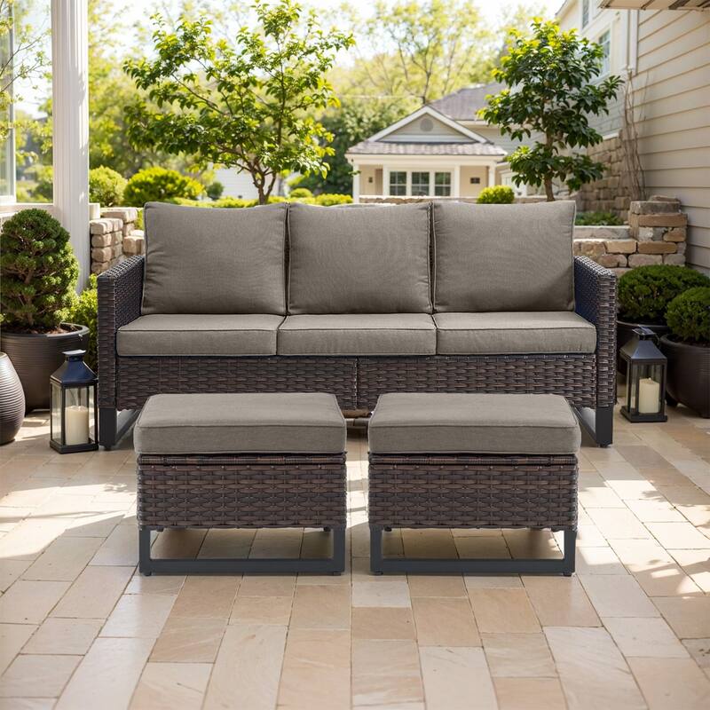 Gymojoy Outdoor Patio Wicker Sofa with Ottomans - Brown - Grey