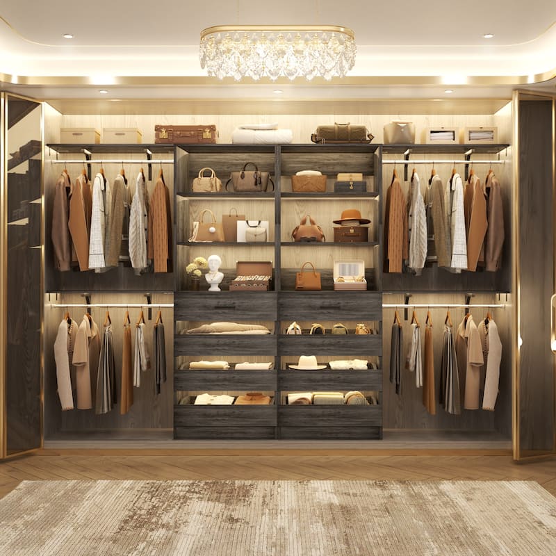 Set of 2 Closet System with Wooden Drawers and Hanging Rods, Closet Organizer with Adjustable Storage Shelves - Grey Oak