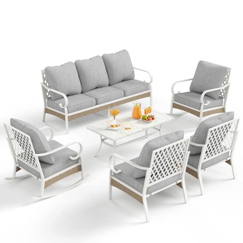 MAISON ARTS 7-Seat Patio Conversation Set, 2/4 x Cushioned Metal Chair, 1 x 2-Seat Sofa,1 x 3-Seat Sofa with Coffee Table - Set 2 - Grey