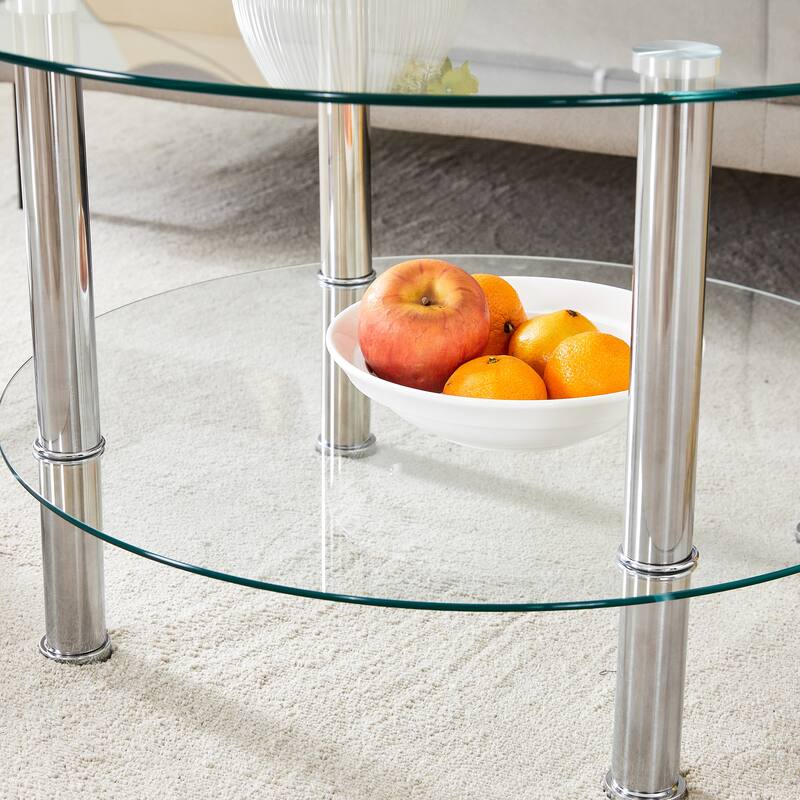 Contemporary Minimalist Double Layer Tempered Glass Coffee Table - 27.5" Top and 23.6" Bottom.Reinforced Glass Tabletop,