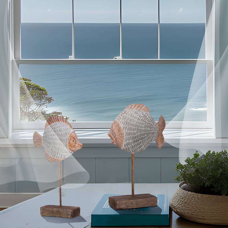 Resin 'Fabric Weave' Fish On Pedestal 12.5"T Set of 2 - 7.48