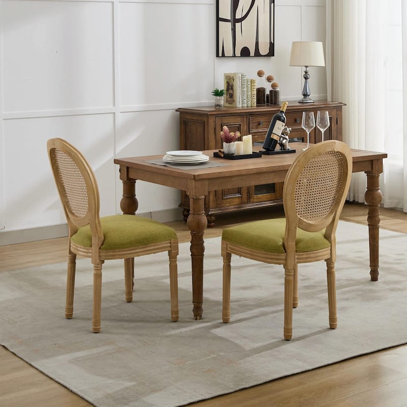 French Style Solid Wood Frame Antique Painting Linen Fabric Rattan Back Dining Chair, Set of 2