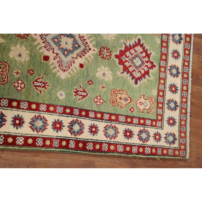 Light Green Geometric Kazak Foyer Rug Hand-Knotted Wool Carpet - 2'10" x 4'2"