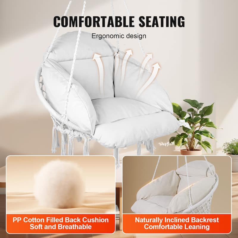 Hanging Hammock Swing Chair, Macramé Hanging Chair with Cushion and Mounting Hardware, Cotton Rope Swing Chair