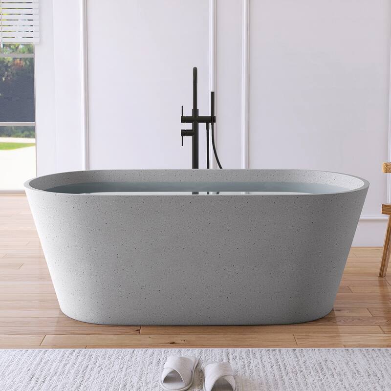 MEDUNJESS 59'' Terrazzo Freestanding Bathtub Stone Resin Soaking Tub - Grey