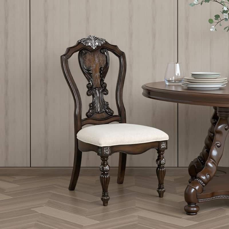 Naddy Side Dining Chair Set of 2, Ornate Carved Dark Brown Wood