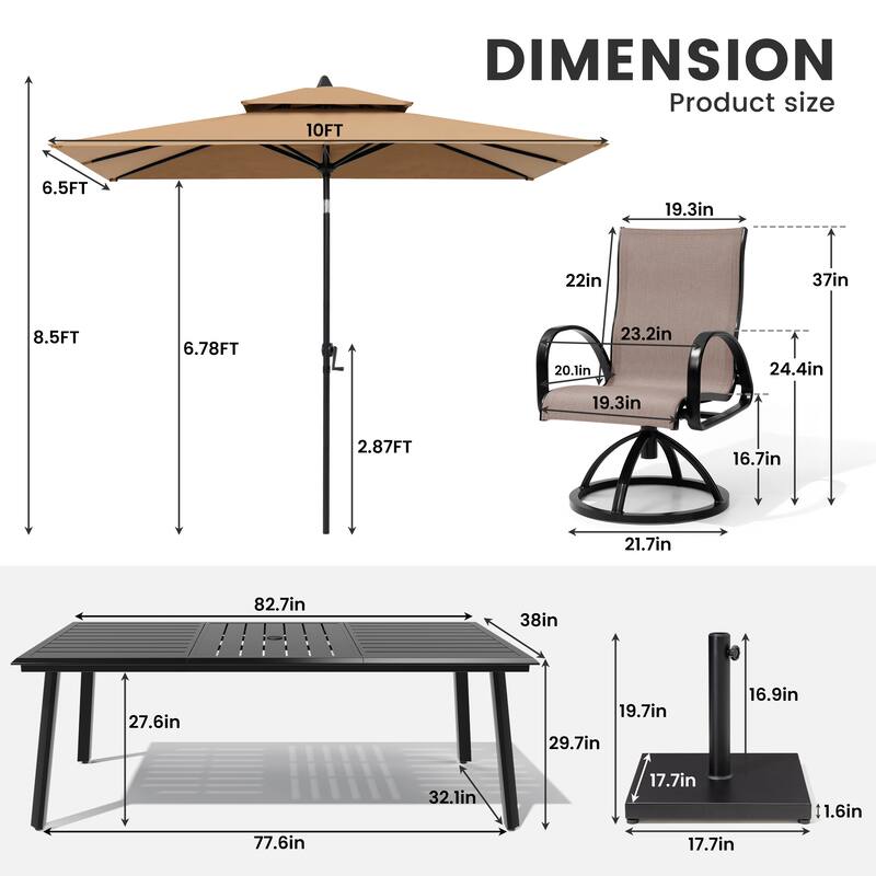 9-Piece Set Outdoor Aluminum Dining Table and Swivel Sunbrella Dining Chairs with Market Umbrella and Base