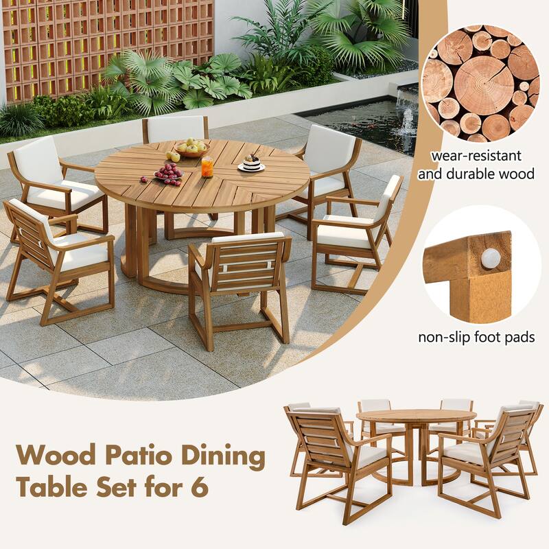 Round Patio Dining Table Set for 6 with Umbrella Hole Durable Acacia Wood Outdoor Furniture