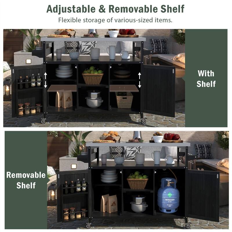 Outdoor Kitchen Island, Rolling Bar Cart & Storage Cabinet, Farmhouse Outdoor Grill Table with Stainless Steel Top & Towel Rack