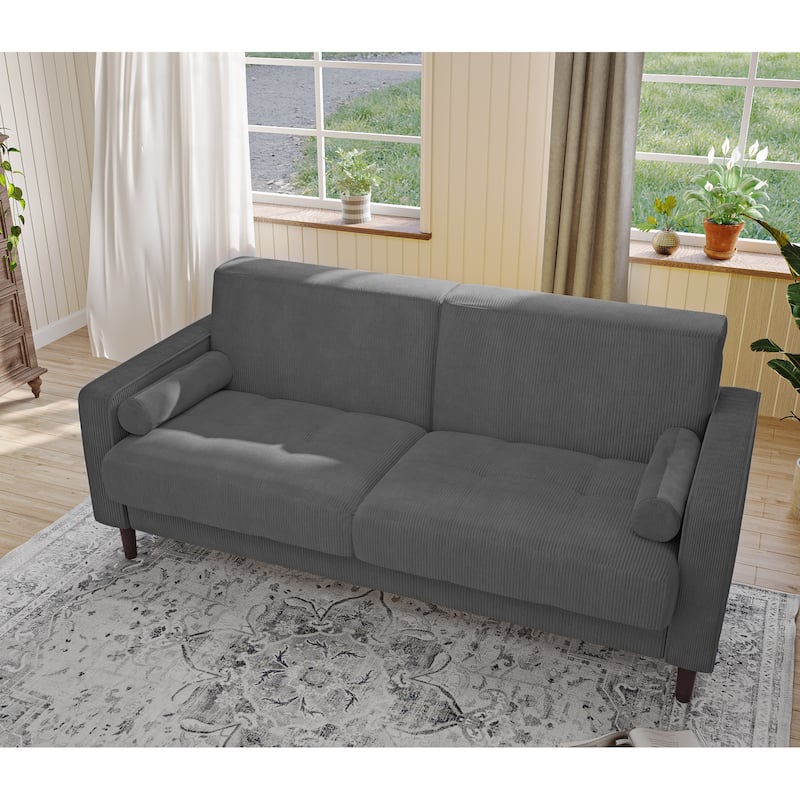 Modern Corduroy 2 Seater Sofa with Bolster Pillows - Light Grey