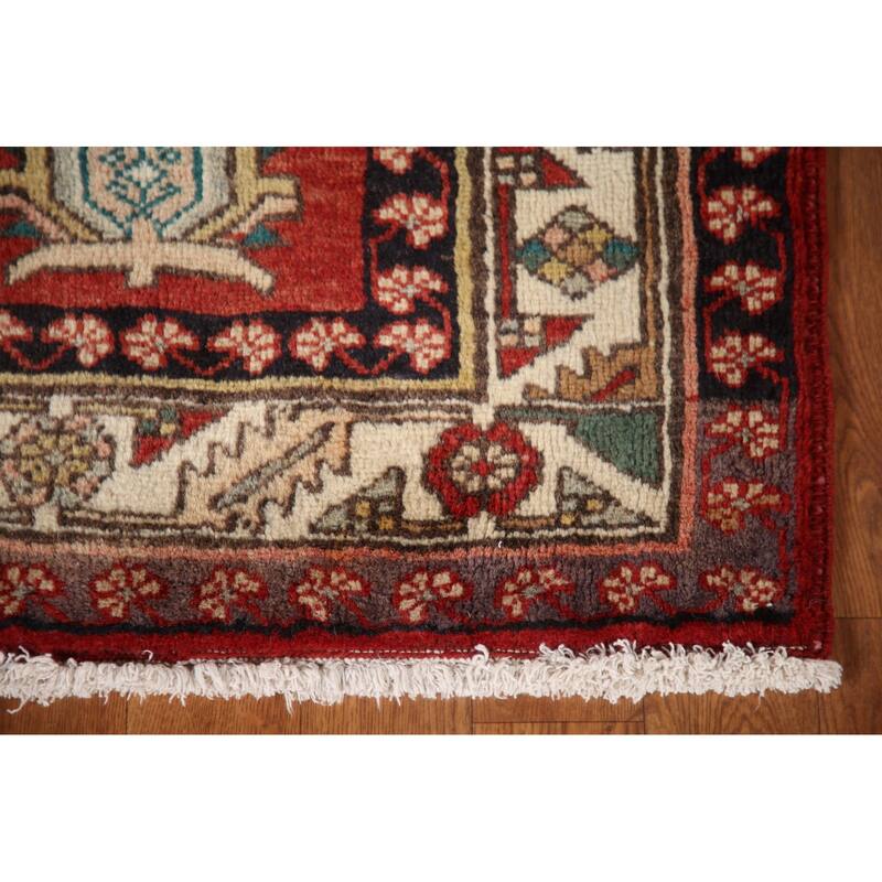 Geometric Red Heriz Persian Vintage Runner Rug Handmade Wool Carpet - 3'9"x 11'1"