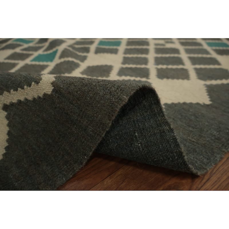 Hand Woven Oriental 100% Wool Carpet Southwestern Tribal Greys & Charcoal Kilim Area Rug - 9' 9'' X 6' 9''