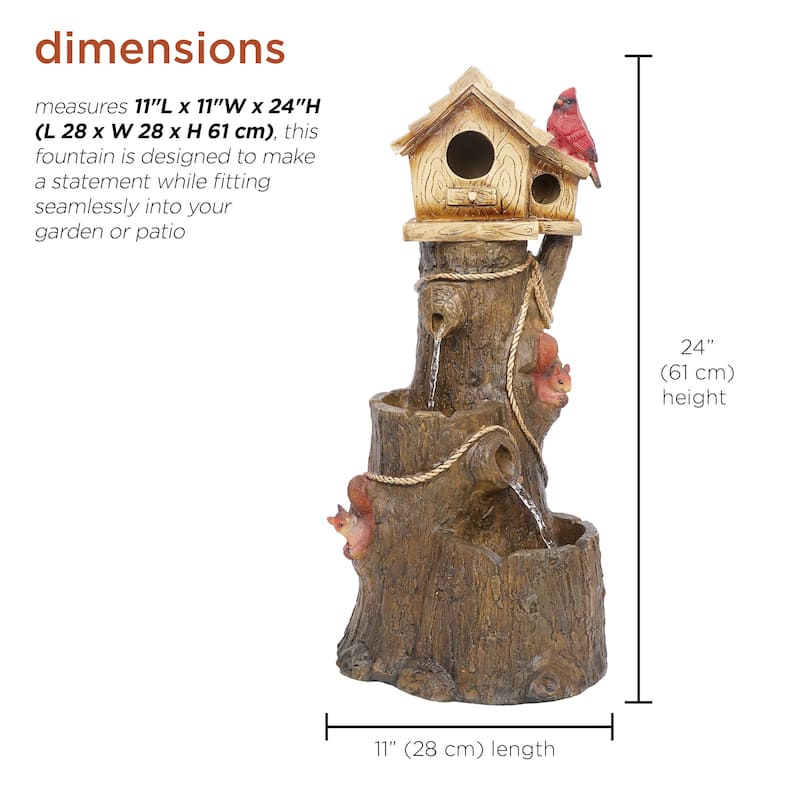 Alpine Corporation ZEN552 24" Outdoor Multitiered Tree & Cardinal Birdhouse Fountain - Rustic Water Feature for Patio & Garden