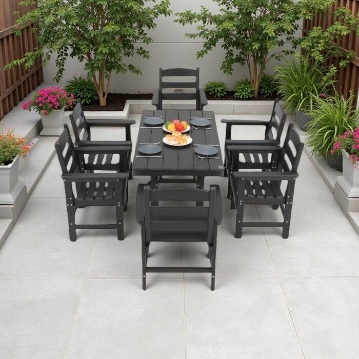 7-Piece Black HDPE Outdoor Dining Set for 6, Weather-Resistant Patio Table and Chairs for Garden, Backyard, Lawn, and Poolside - Black