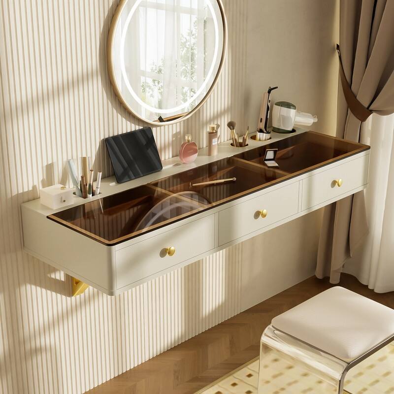 47" Floating Vanity Desk with Drawers - Wall-Mounted Organizer for Makeup, Study, and Hair Styling - Beige