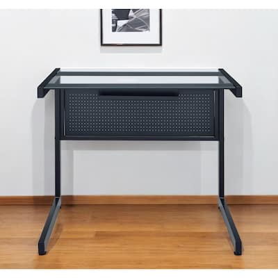 HomeRoots 33" Clear and Black Glass and Stainless Steel Writing Desk