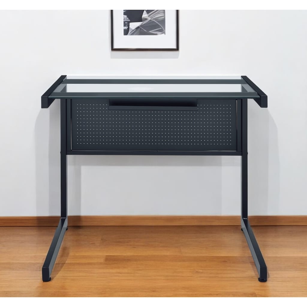 HomeRoots 33" Clear and Black Glass and Stainless Steel Writing Desk
