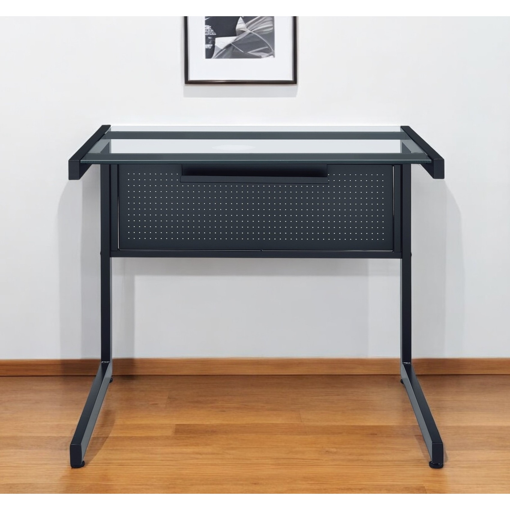 HomeRoots 33" Clear and Black Glass and Stainless Steel Writing Desk