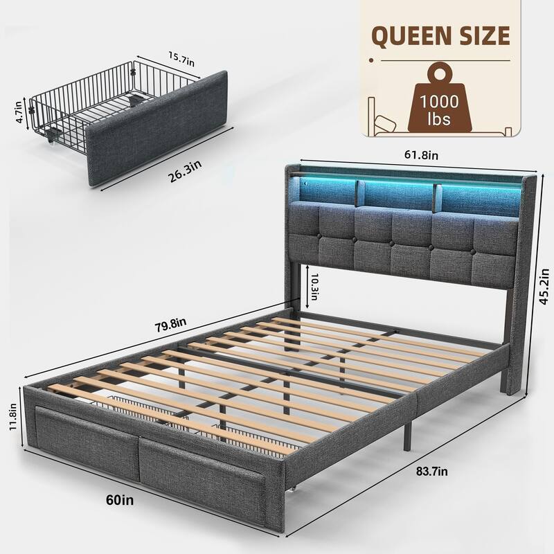 King Size Upholstered Platform Bed with LED Lights, Charging Station & Storage Headboard, No Box Spring Needed