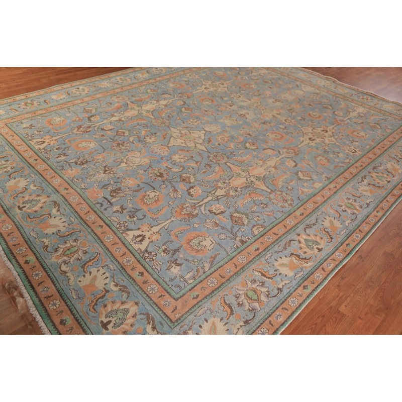 Distressed Tabriz Persian Area Rug Floral Hand-Knotted Wool Carpet - 9'4"x 12'4"
