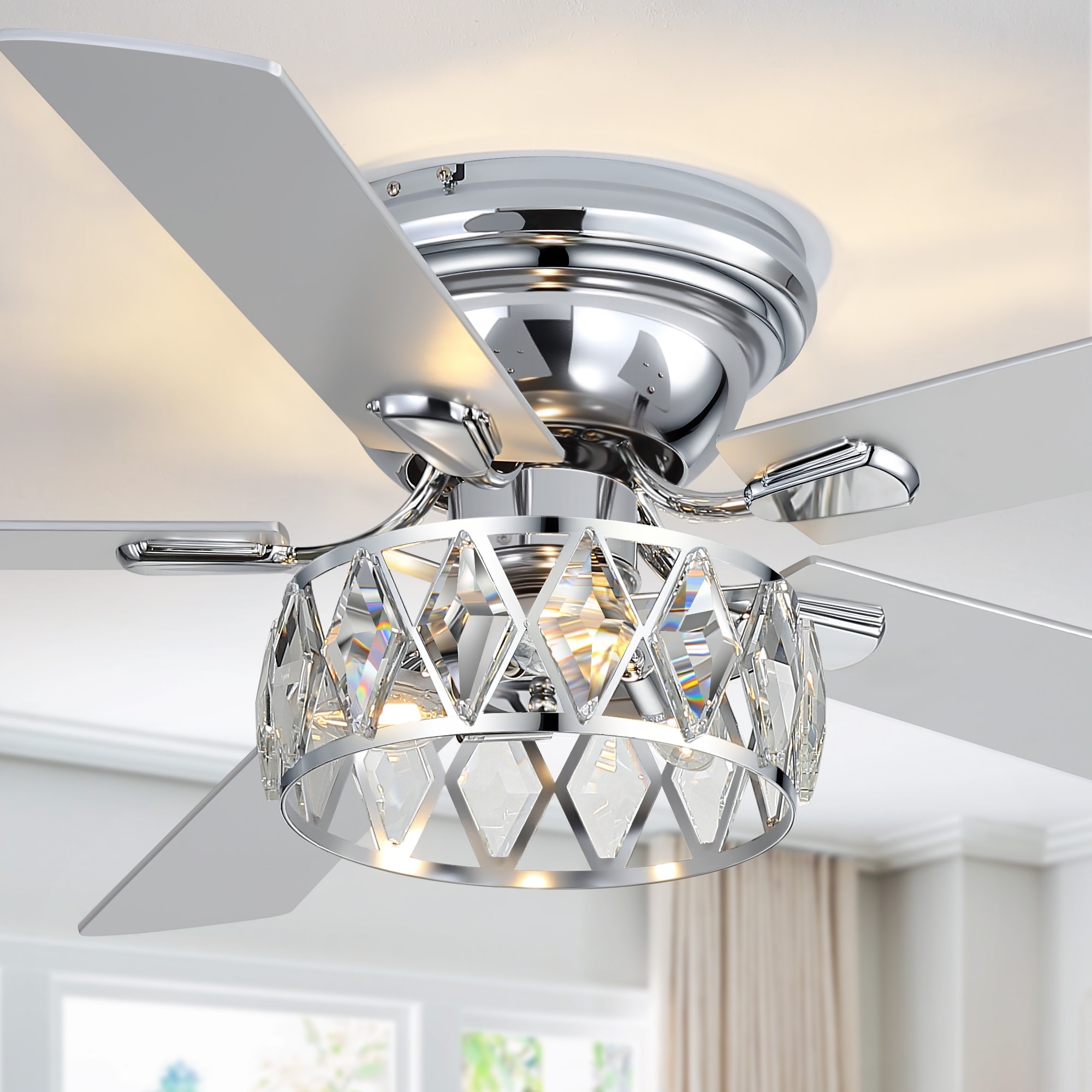 52" Flush Mount 5-Blade Modern Crystal Indoor Ceiling Fan with Light Kit and Remote