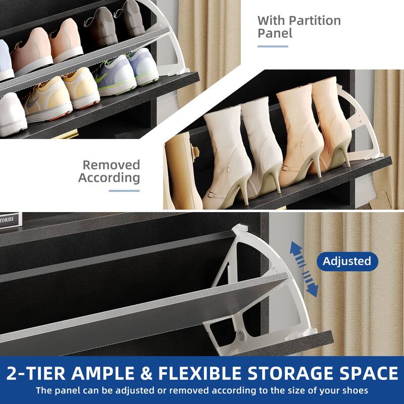 Moasis 22 Pairs Shoe Cabinet with 2 Flip Drawers, Narrow Shoes Rack with Storage Bench