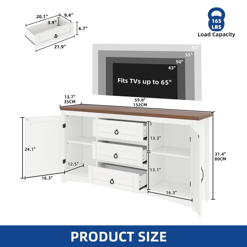 Moasis Farmhouse TV Stand w/ Drawers for TVs up to 65", 60" Console Storage for Living Room