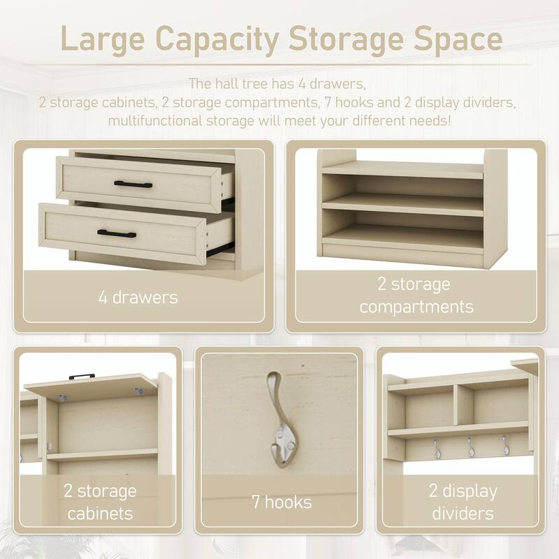 4-in-1 Entryway Hall Tree with Storage, 7 Hooks & Drawers, Beige