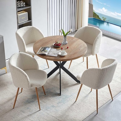 Howtai Round Dining Table Set with Fluffy Sherpa Arm Chairs Space Saving