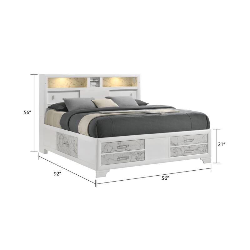 Soul Luxurious 4PC/5PC Bedroom Set - White Finish, Marble Accents, Built-in Lighting, USB-C & Bluetooth Speakers