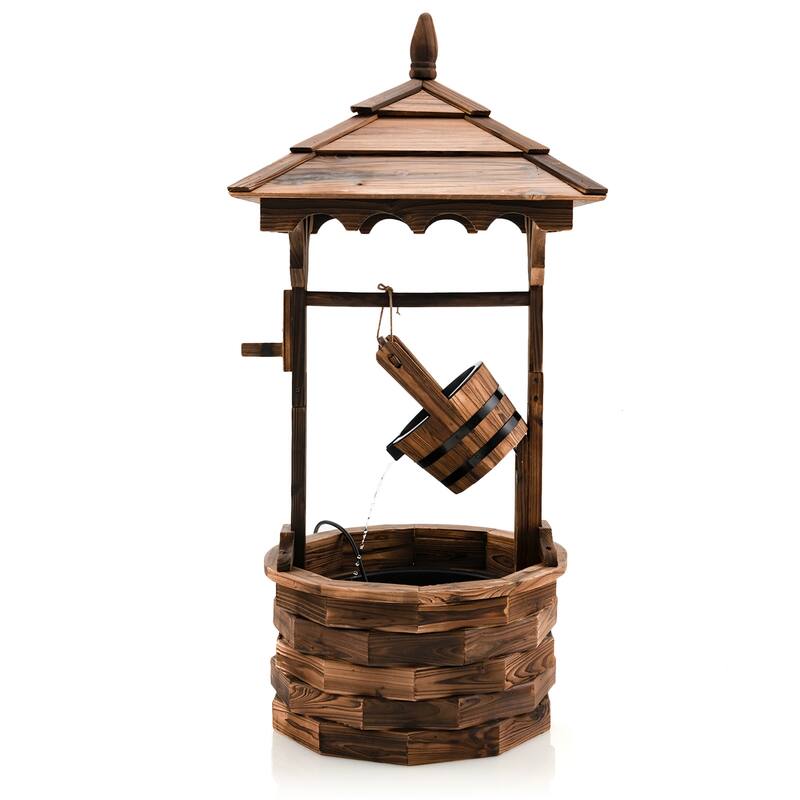 Gymax Rustic Wishing Well Fountain Outdoor Patio Wooden Water Fountain - Wood - Floor - Brown