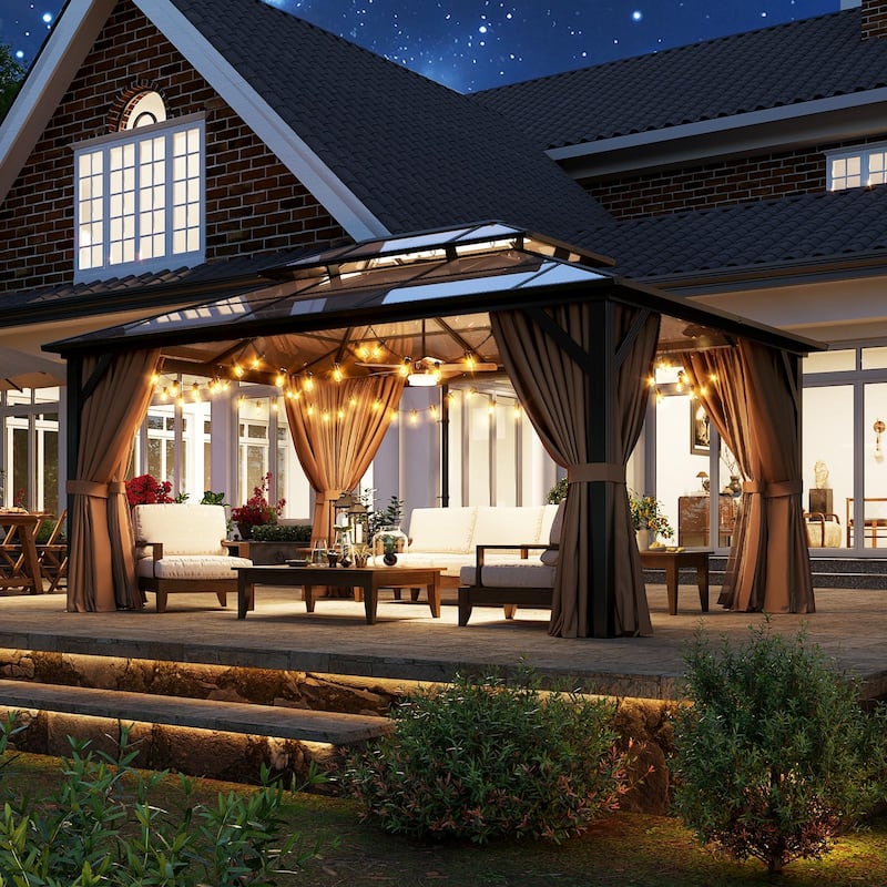 Hardtop Gazebo, Aluminum Frame Permanent Pavilion with Curtains and Netting