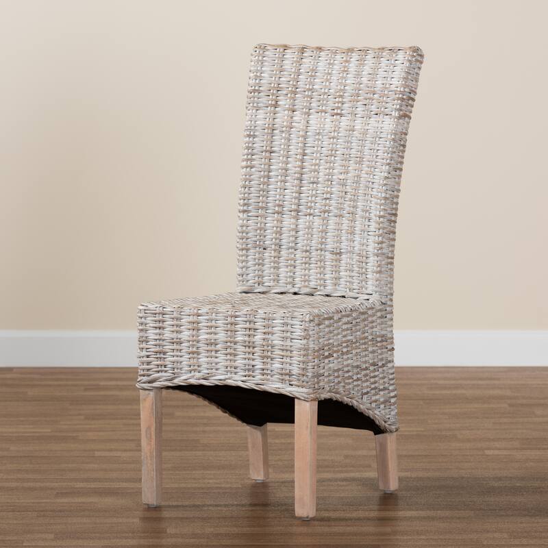 Trianna Rustic Transitional Whitewashed Rattan and Wood Dining Chair