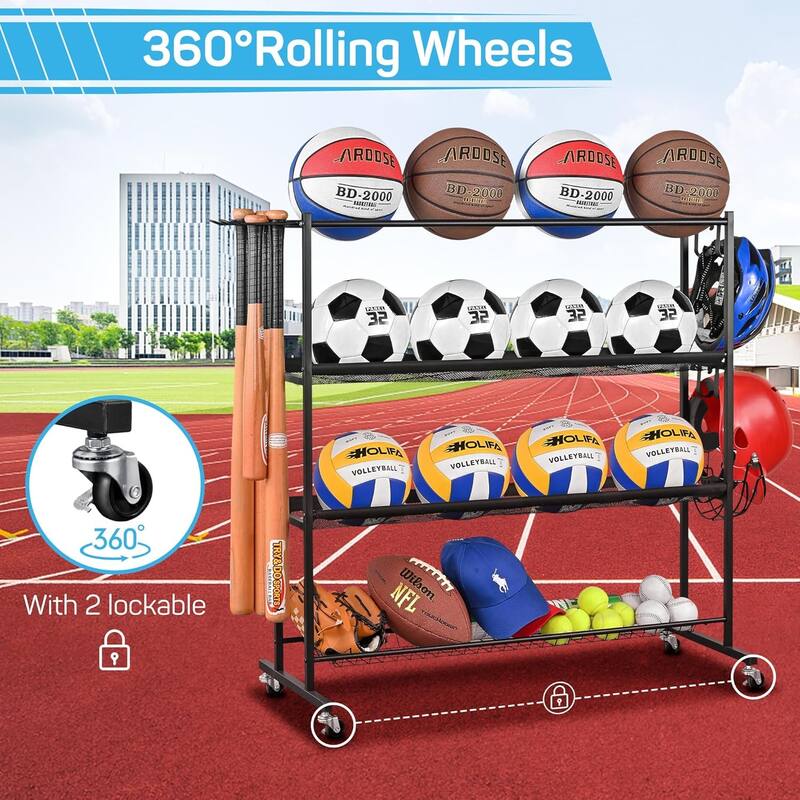 4 Tier Sports Equipment Organizer for Garage with Detachable Nylon Mesh Baskets