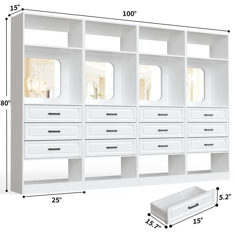 Cimly 25'' Freestanding Closet System with Drawers and Mirror, Display Shelves Organizer with Shelving