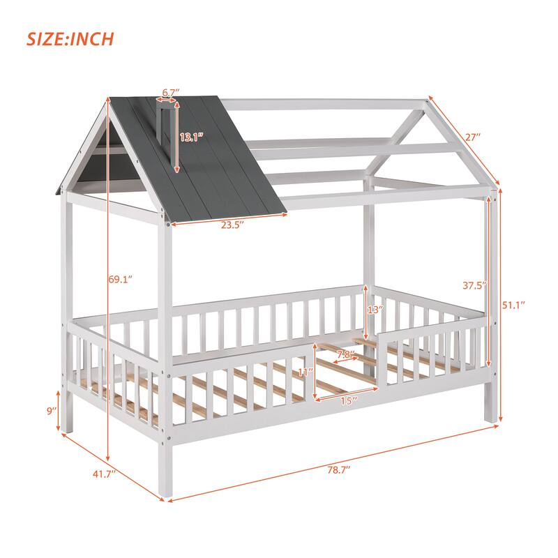 Twin Size House Bed with Fence and Roof Playhouse Design Solid Wood Frame