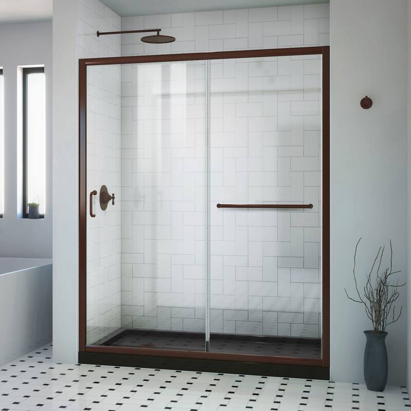 DreamLine Infinity-Z 32 in D x 60 in. W x 74 3/4 in H Clear Sliding Shower Door in Oil Rubbed Bronze, Left Drain Black Base - Clear