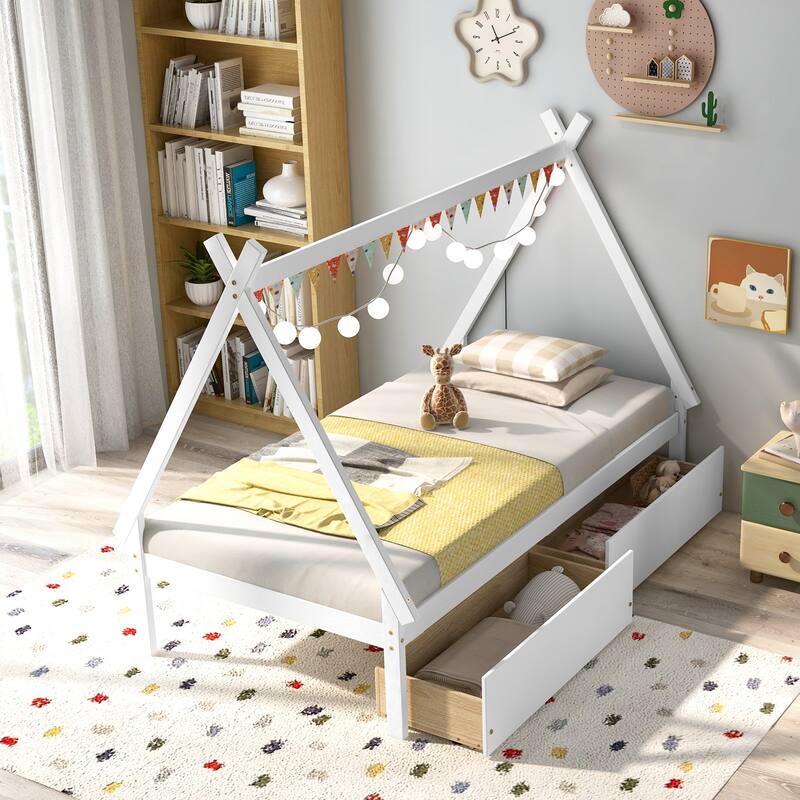 Kids Twin Size Wooden House-Shaped Platform Bed with Storage Drawers for Boys and Girls