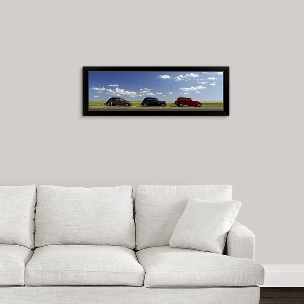 "Three Hot Rods moving on a highway, Route 66," Black Framed Print