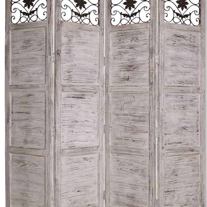 Wooden 4 Panel Screen with Textured Panels and Scrolled Details, White