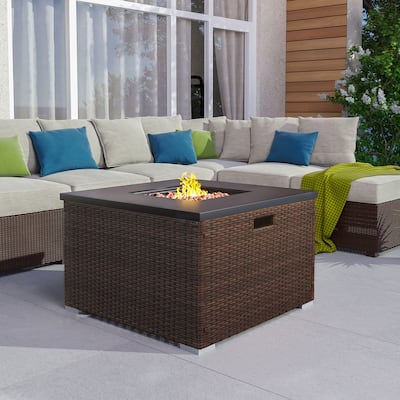 COSIEST Outdoor Propane Square Espresso Brown Wicker Fire Pit,Tank Outside