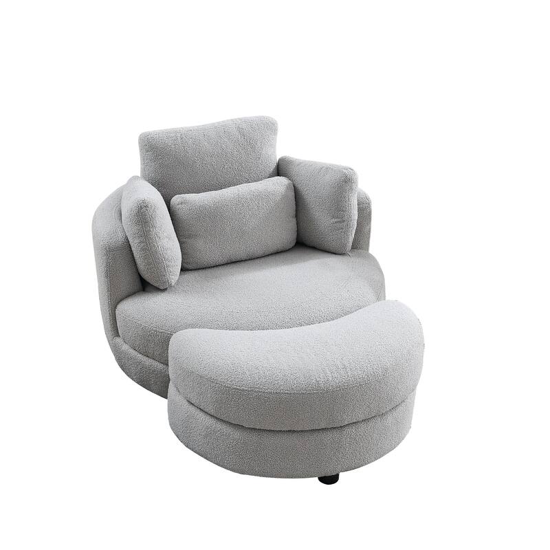 39"W Oversized Swivel Chair with Storage Ottoman, Grey Teddy Fabric