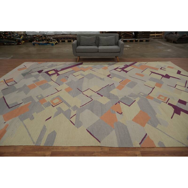 Hand Woven Oriental 100% Wool Carpet Southwestern Modern Greys & Charcoal Kilim Area Rug - 15' 11'' X 12' 3''