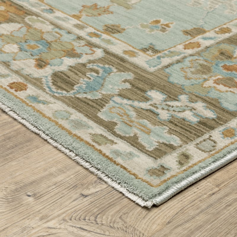Meadow Bordered Traditional Teal/ Rust Area Rug